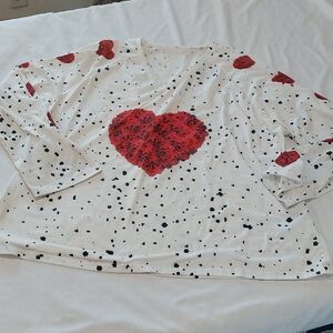 White Long Sleeve Shirt with Red Heart Design